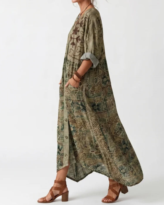 V-Neck Button Pocket Long Sleeve Dress