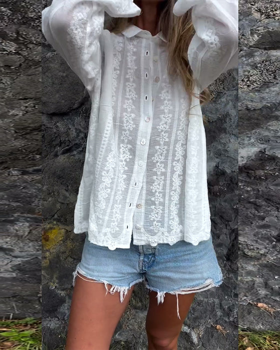 Embroidered Hollow Polo Collar Casual Shirt