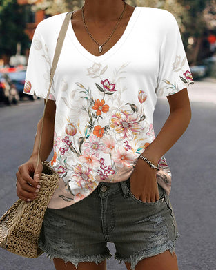 Printed V-Neck Casual Short-Sleeved T-Shirt