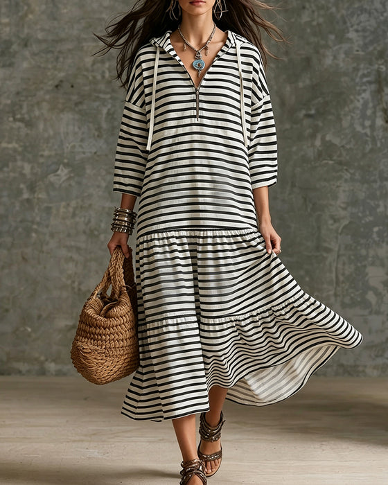 Zipper Hoodie Striped Tiered Dress