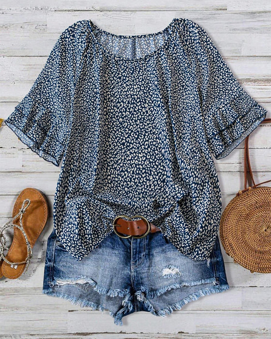 Ruffle Crew Neck Country Style Blouse