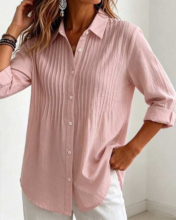 V Neck Shirred Button Long Sleeve Shirt