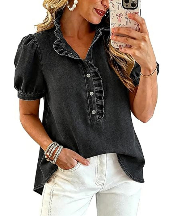 Button Up Ruffle Denim Blouse