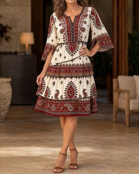 Printed Crew Neck Short-Sleeve Dress