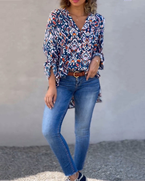 V-neck floral long-sleeved blouse
