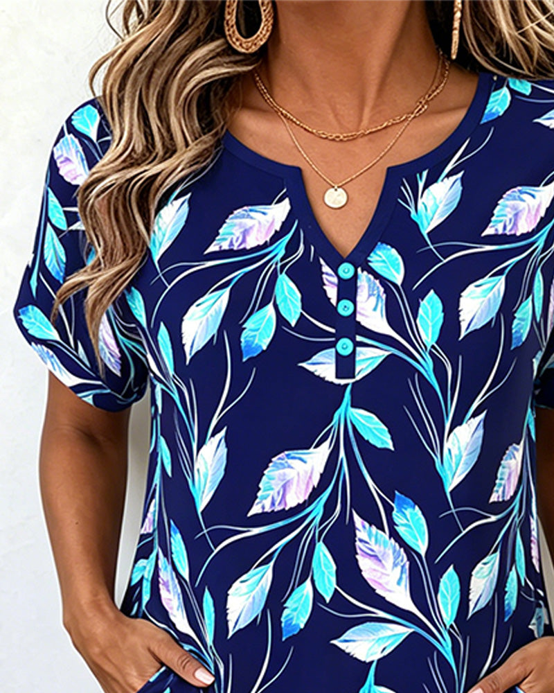 V-Neck Colorful Leaf Print Dresses