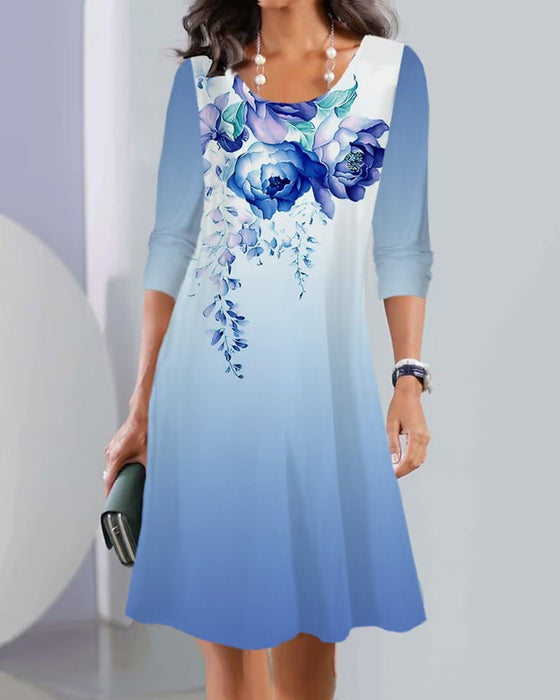 Printed long sleeve crew neck dress
