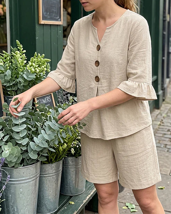 Ruffle Button Short Sleeve Shorts Set