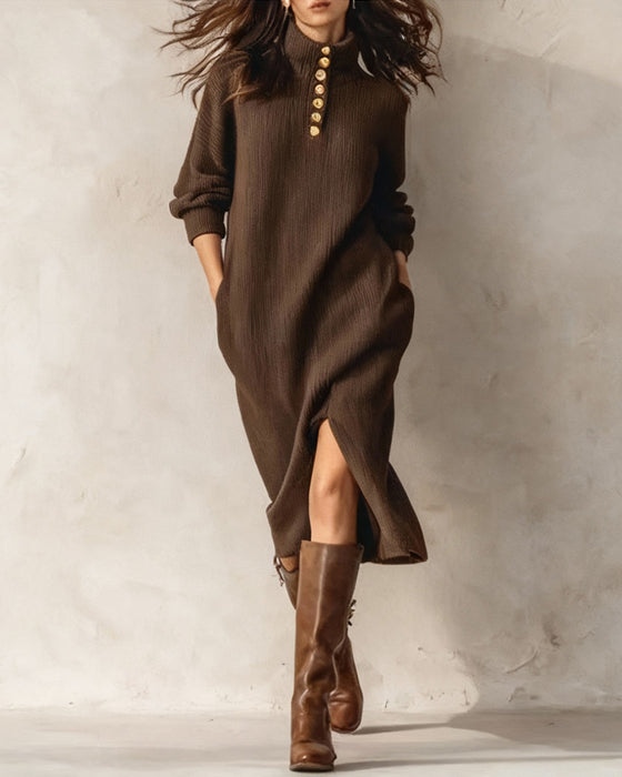 Buttoned Turtleneck Slit Hem Dress