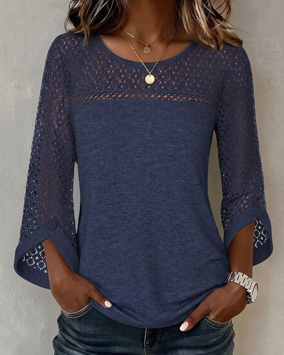 Hollow Out Long Sleeve Patchwork T-Shirt