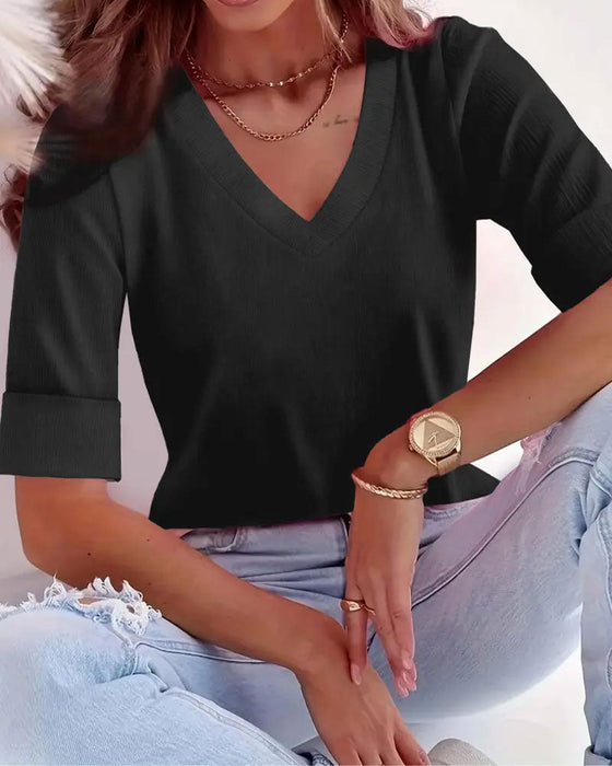 V-Neck Three-Quarter Sleeve Slim Fit Top