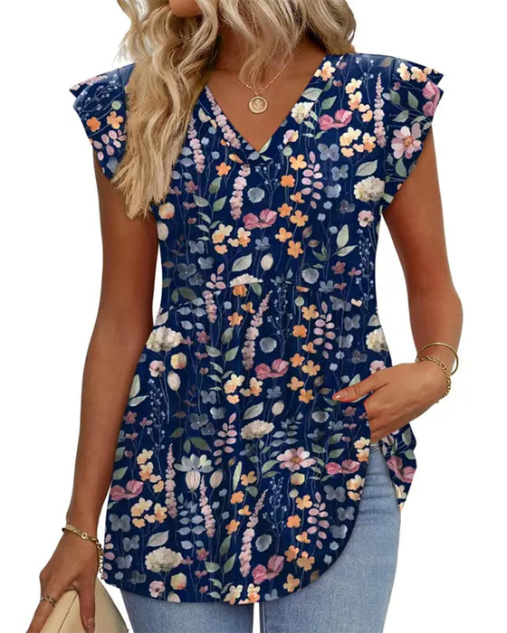 Watercolor Floral V-Neck Babydoll Blouse