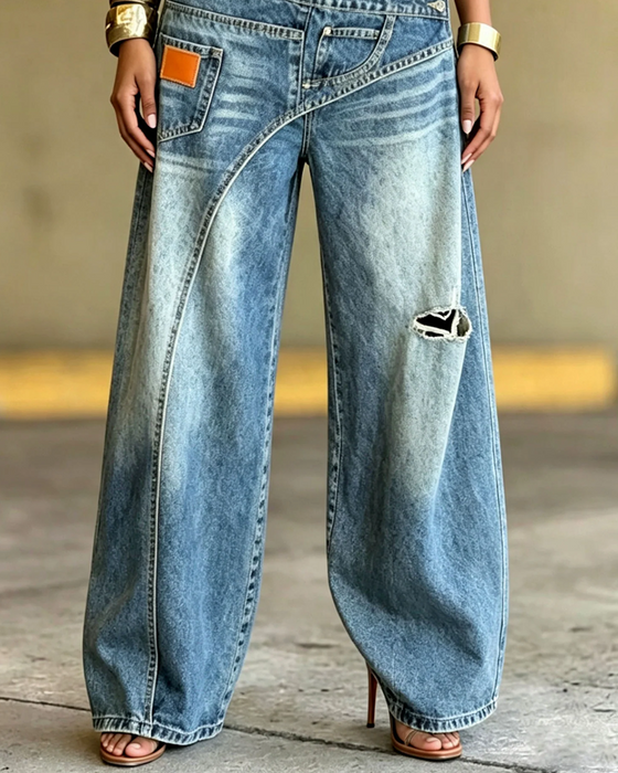 Irregular Ripped Denim Long Pants
