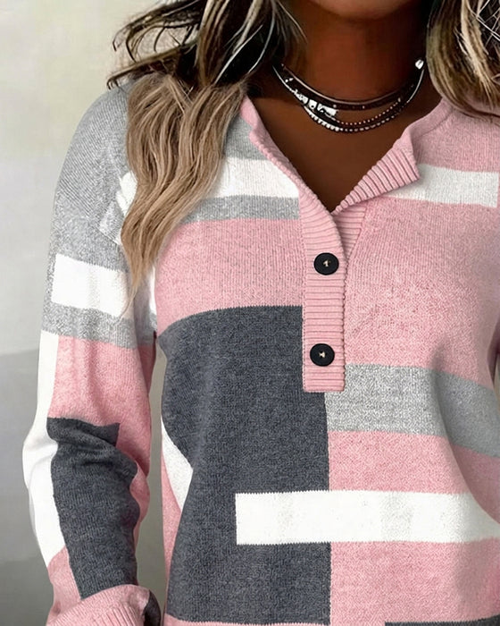 Checkered Button-Front Long-Sleeve Pullover