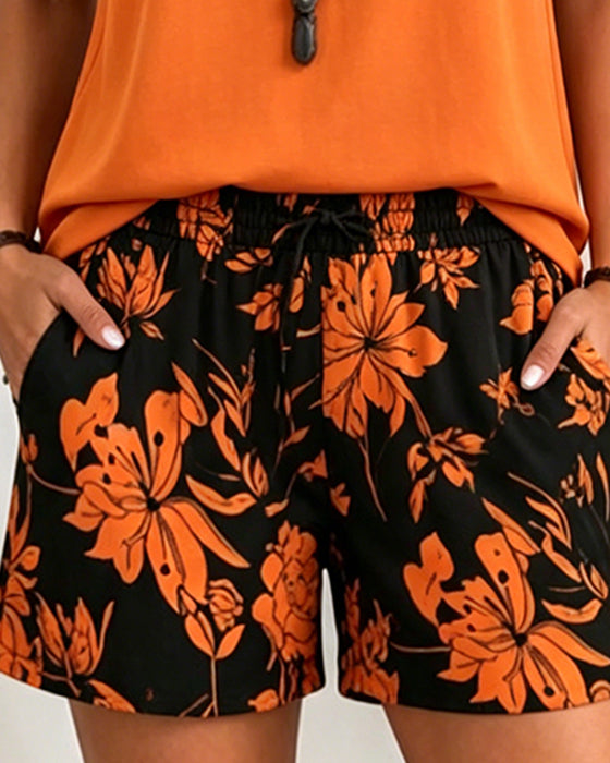 V-Neck Sleeveless Top and Print Shorts Sets