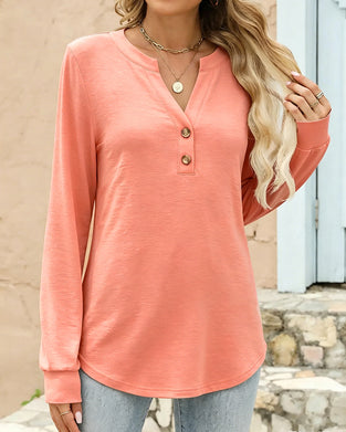 V-Neck Button Long Sleeve Solid Top