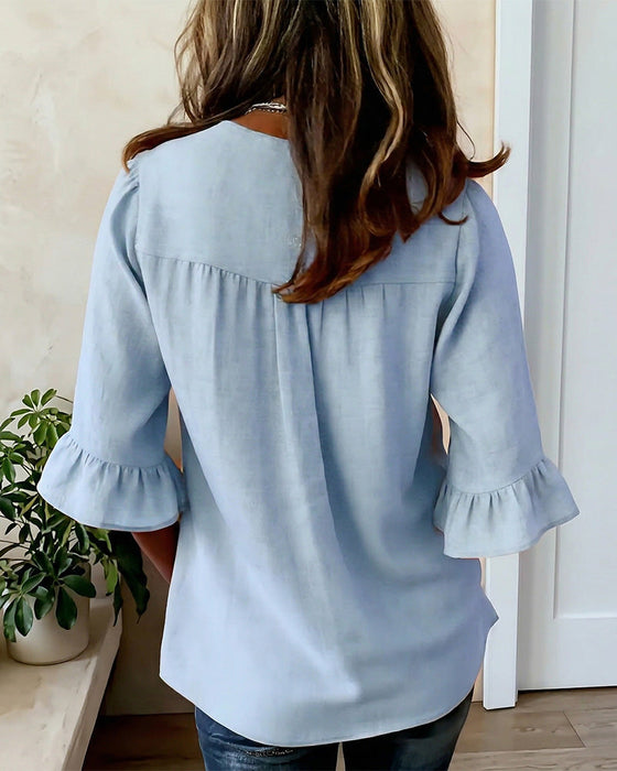Solid-Color Cotton-Linen Wooden Buttons Ruffles Blouses