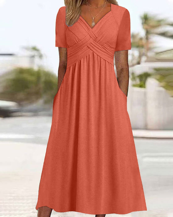 Solid color v neck dress