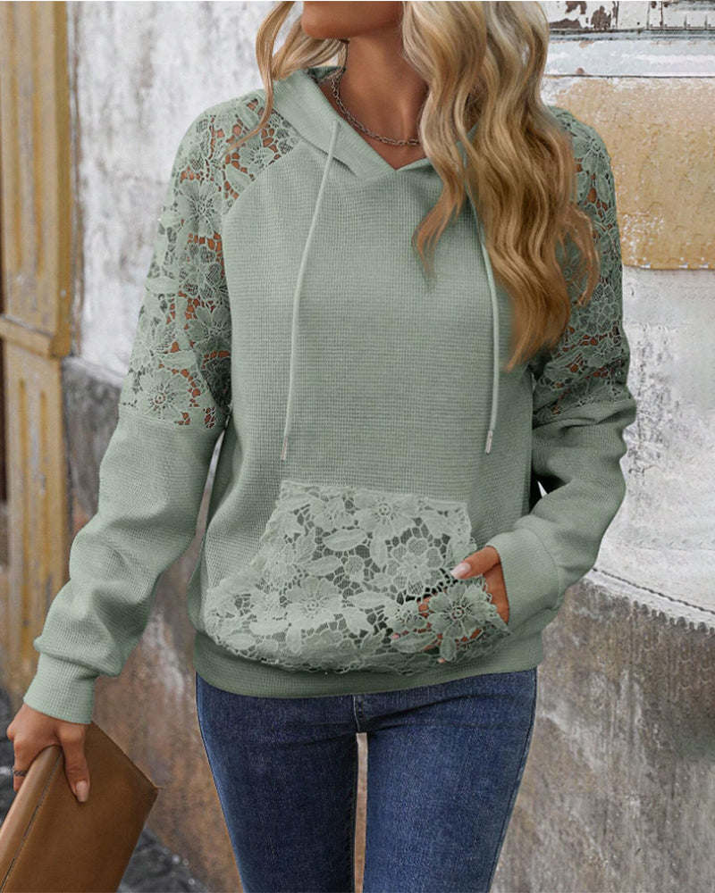 V-Neck Long-Sleeved Lace Casual Hoodie